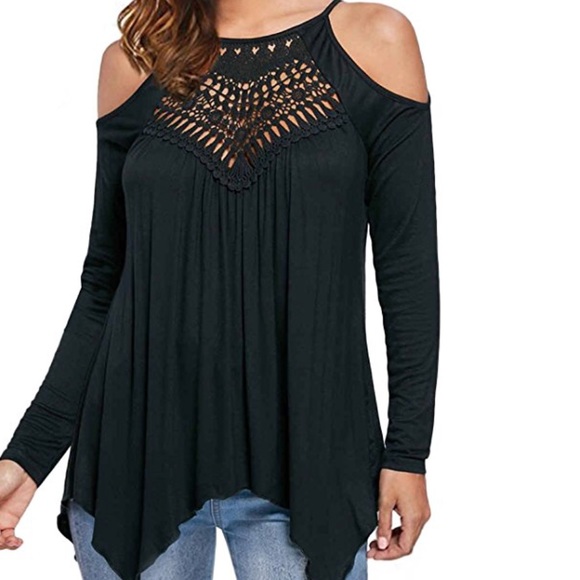 women casual lace off shoulder loose shirt - Picture 3 of 5